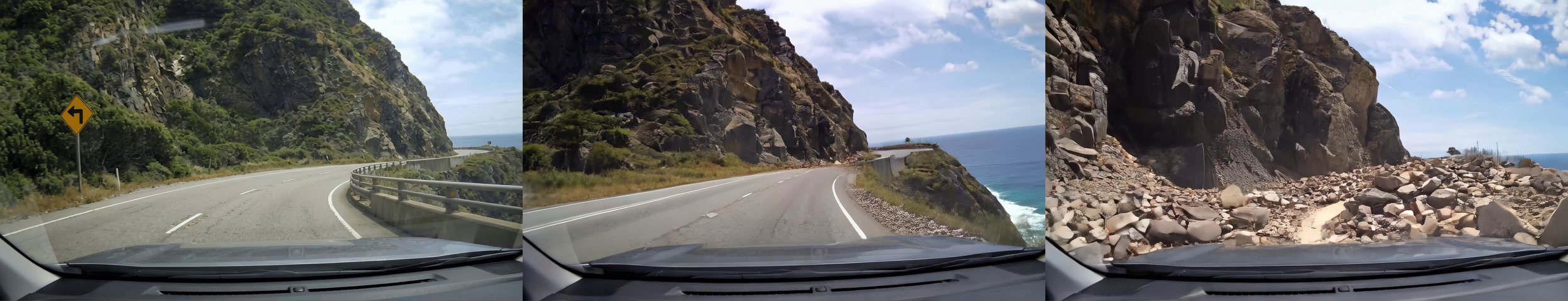 Three frames (start, middle, end) of the bf16 480p driving video: coastal mountain road, rockfall, emergency stop